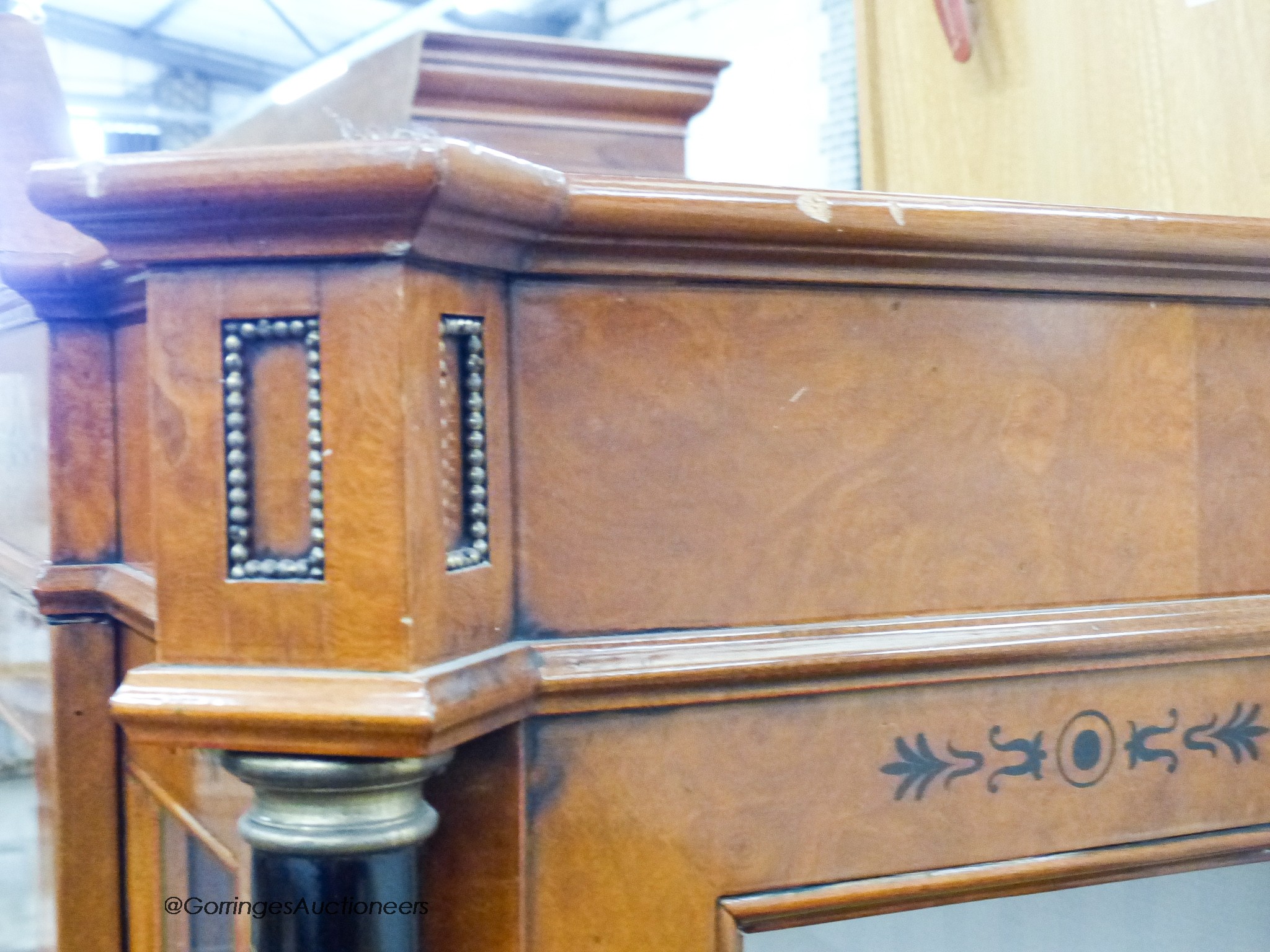 A Biedermeier style ebony inlaid mahogany breakfront display cabinet, W.120cm D.47cm H.197cm